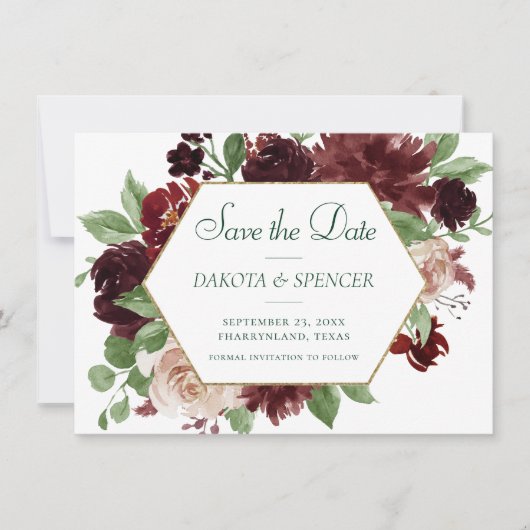 Rustieke Blooms | Terracotta en Marsala Red Floral Save The Date (Voorkant)