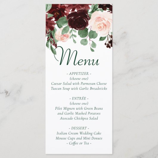 Rustieke Blooms | Terracotta en Marsala Red Garlan Menu (Voorkant)