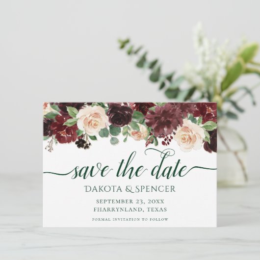 Rustieke Blooms | Terracotta en Marsala Red Garlan Save The Date (Staand voorkant)
