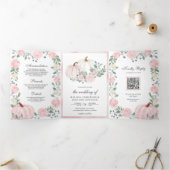 Rustieke Blos Roze Bloemenkleurige Pompoen QR Code Drieluik Uitnodiging (Binnen)
