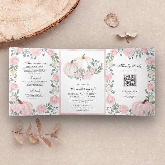 Rustieke Blos Roze Bloemenkleurige Pompoen QR Code Drieluik Uitnodiging