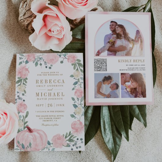 Rustieke Blos Roze Bloemenkleurige Pompoen QR Code Kaart