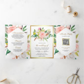 Rustieke Blos Roze Bloemig Gouden QR Code Trouwen Drieluik Uitnodiging (Binnen)