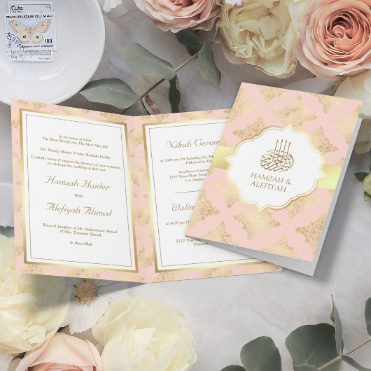 Rustieke Blos Roze Gouden Damast Moslim Bruiloft