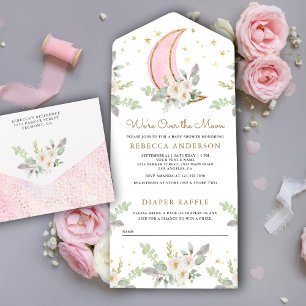Rustieke Blos Roze Ivoor Bloemen Maan Baby Shower All In One Uitnodiging