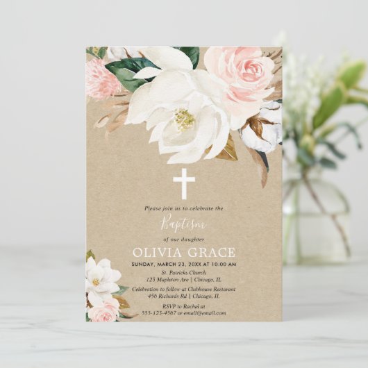 Rustieke blos roze witte bloemenmeisje doop kaart (Staand voorkant)