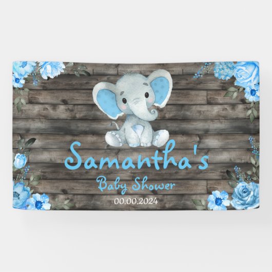Rustieke Blue Boy Olifant Achtergrond Baby shower Spandoek (Horizontaal)