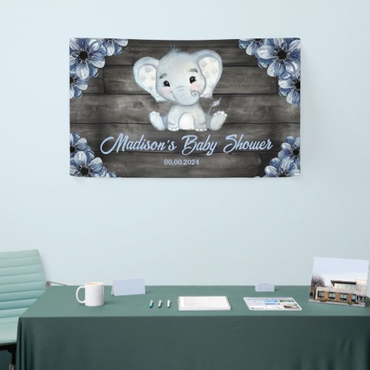 Rustieke Blue Boy Olifant Achtergrond Baby shower Spandoek (Beurs)