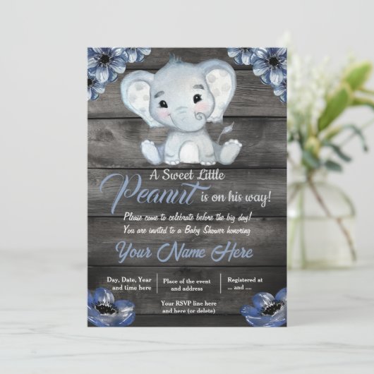 Rustieke Blue Elephant Baby shower Invitation Kaart (Staand voorkant)