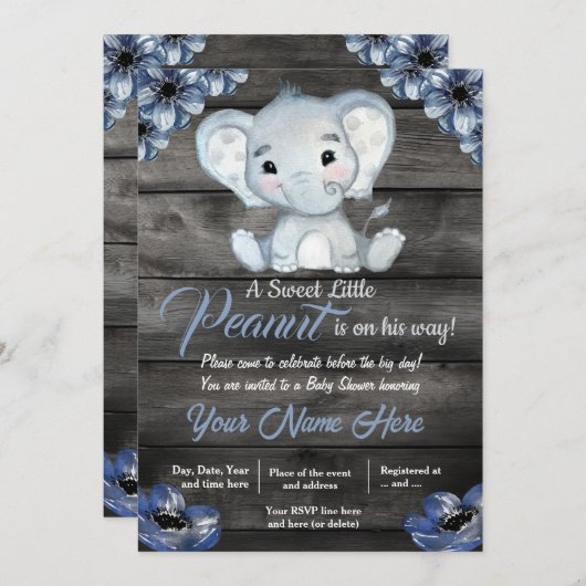 Rustieke Blue Elephant Baby shower Invitation Kaart (Voorkant / Achterkant)