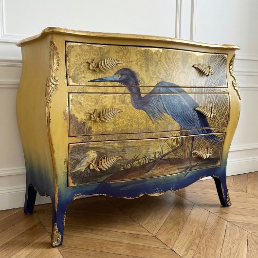 Rustieke  Blue Heron Gold Floral Decoupage Tissuepapier