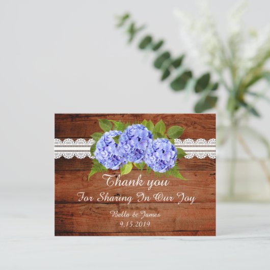 Rustieke Blue Hydrangea bruiloft Dank u Briefkaart (Staand voorkant)