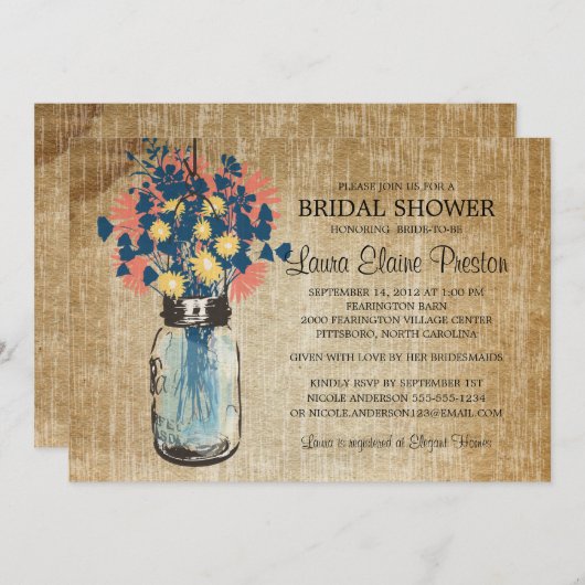 Rustieke Blue Mason Jar en Wildflower Daisies Kaart (Voorkant / Achterkant)