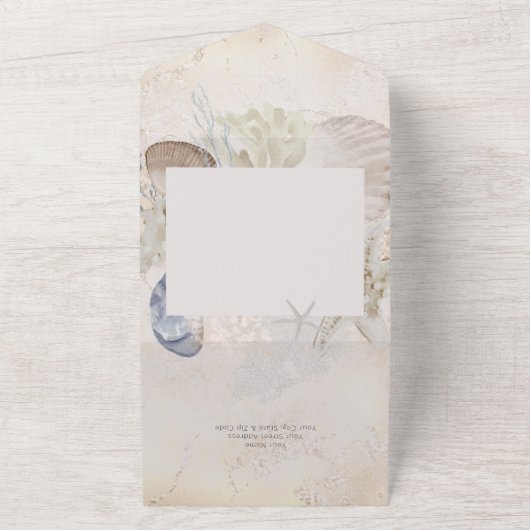 Rustieke Blue Ocean Beach Cream Geen diner All In One Uitnodiging (Buitenkant)