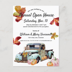 Rustieke Blue Truck Autumn Leaves Open House Feestdagenkaart