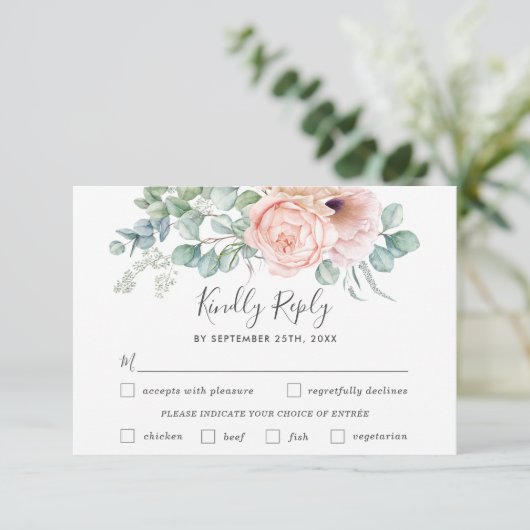 Rustieke Blush Bloemen Bruiloft Maaltijd Keuze RSV RSVP Kaartje (Staand voorkant)