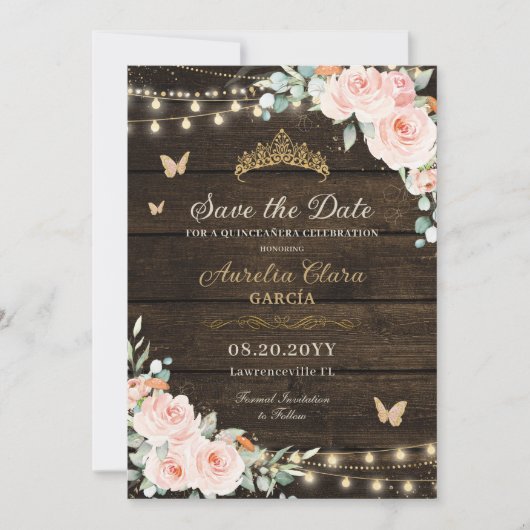 Rustieke Blush Bloemen Enchanted Forest Quinceañer Save The Date (Voorkant)