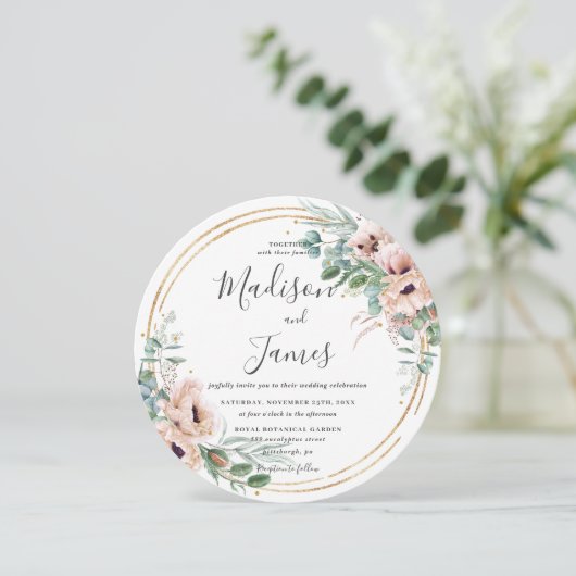 Rustieke Blush Bloemen Eucalyptus Bruiloft Gouden Kaart (Staand voorkant)