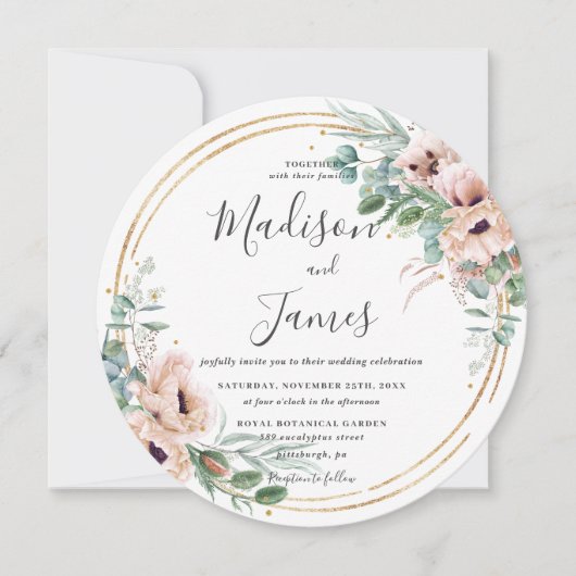 Rustieke Blush Bloemen Eucalyptus Bruiloft Gouden Kaart (Voorkant)