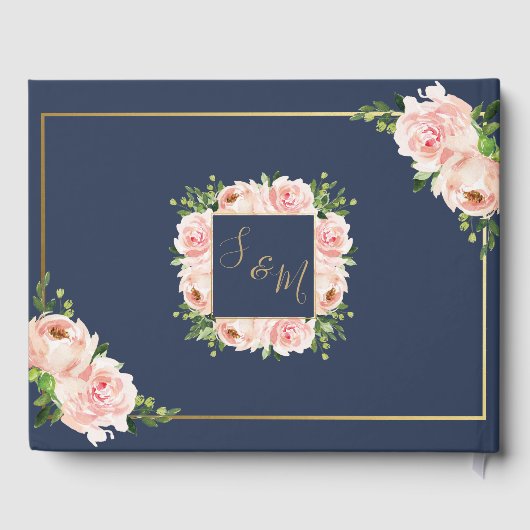 Rustieke Blush Bloemen Rozen Groen Navy Bruiloft Gastenboek (Achterkant)