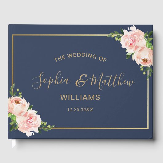 Rustieke Blush Bloemen Rozen Groen Navy Bruiloft Gastenboek (Voorkant)