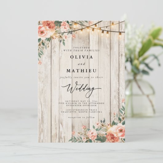 Rustieke Blush Bloemen String Lichte bruiloft Kaart (Staand voorkant)