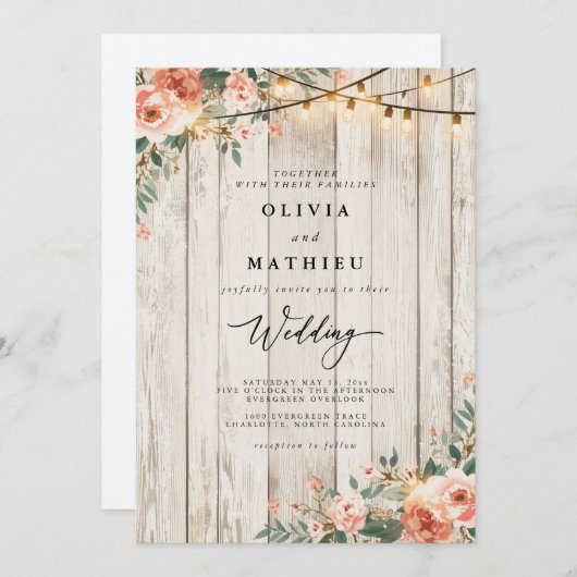 Rustieke Blush Bloemen String Lichte bruiloft Kaart (Voorkant / Achterkant)