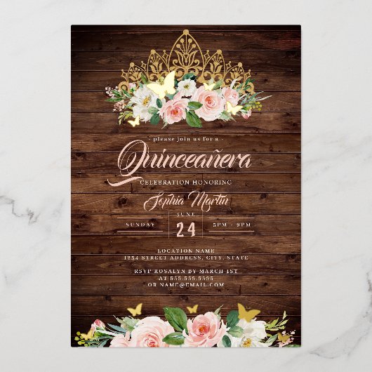 Rustieke Blush Bloemen Tiara Quinceanera Folie Uitnodiging (Voorkant)
