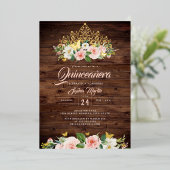 Rustieke Blush Bloemen Tiara Quinceanera Folie Uitnodiging (Staand Voorkant)