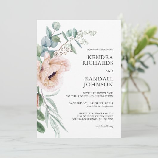 Rustieke Blush Boho Bloemen en groen bruiloft Kaart (Staand voorkant)