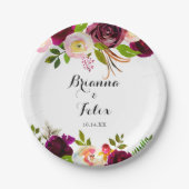 Rustieke Blush Bourgogne Bloemen Bruiloft Taart Papieren Bordje (Voorkant)