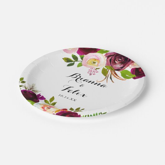 Rustieke Blush Bourgogne Bloemen Bruiloft Taart Papieren Bordje (Gekanteld)