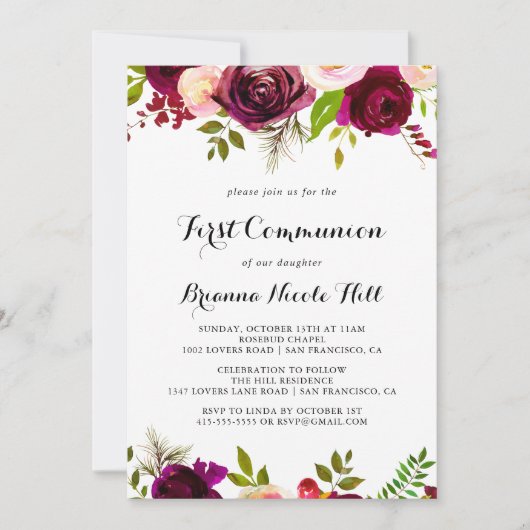 Rustieke Blush Bourgondië Bloemen Eerste Communie Kaart (Voorkant)