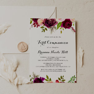 Rustieke Blush Bourgondië Bloemen Eerste Communie Kaart