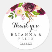 Rustieke Blush Bourgondië Dank u bruiloft gunst Ronde Sticker (Voorkant)