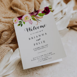 Rustieke Blush Bourgondië Floral gevouwen bruiloft Programma