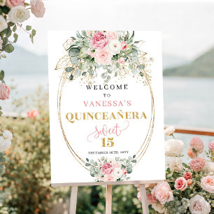 Rustieke Blush en Gouden Quinceañera Welkom Poster