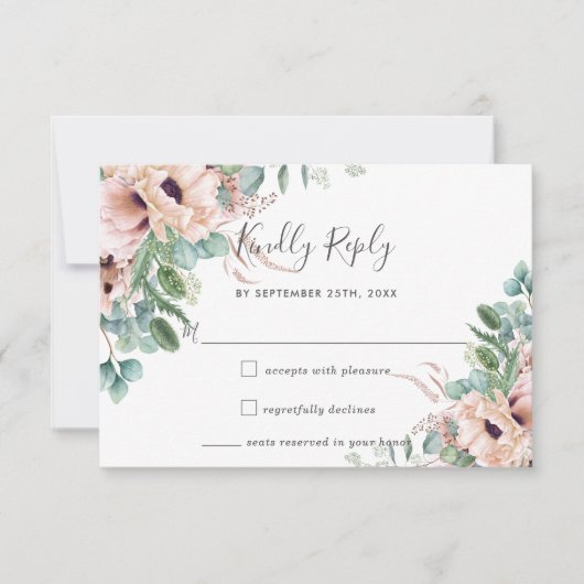 Rustieke Blush Flowers Eucalyptus Bruiloft RSVP Ka (Voorkant)