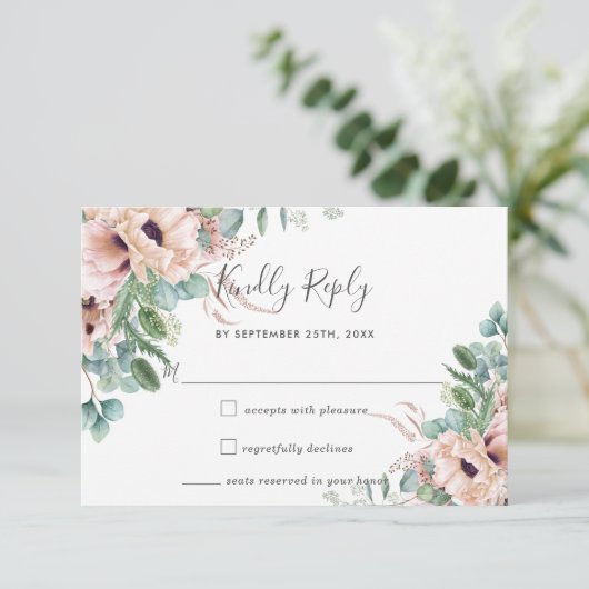 Rustieke Blush Flowers Eucalyptus Bruiloft RSVP Ka (Staand voorkant)