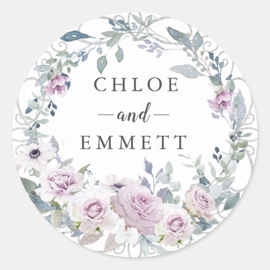 Rustieke Blush Paarse Rozen krans bruiloft gunst Ronde Sticker (Voorkant)