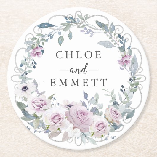 Rustieke Blush Paarse Rozen krans Ronde Kartonnen Onderzetter (Voorkant)