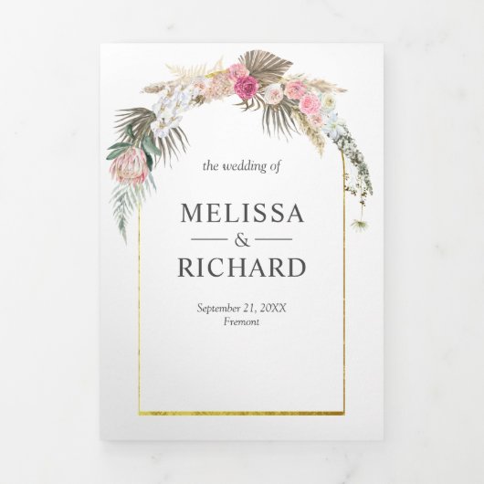 Rustieke Blush Roze Bloemen Boho Pampas Arch Bruil Drieluik Uitnodiging (Cover)