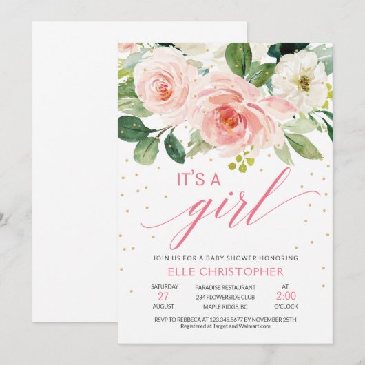 Rustieke blush roze bloemen het is een meisje baby kaart (Voorkant / Achterkant)