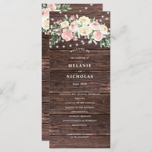Rustieke Blush Roze Bloemen Lichten Trouwprogramma Programmakaart (Voorkant / Achterkant)