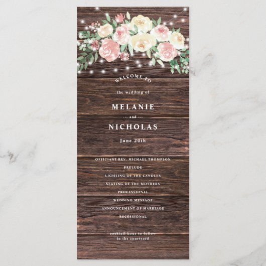 Rustieke Blush Roze Bloemen Lichten Trouwprogramma Programmakaart (Voorkant)