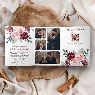 Rustieke Blush Roze Bourgogne Bloemencode met QR C Drieluik Uitnodiging