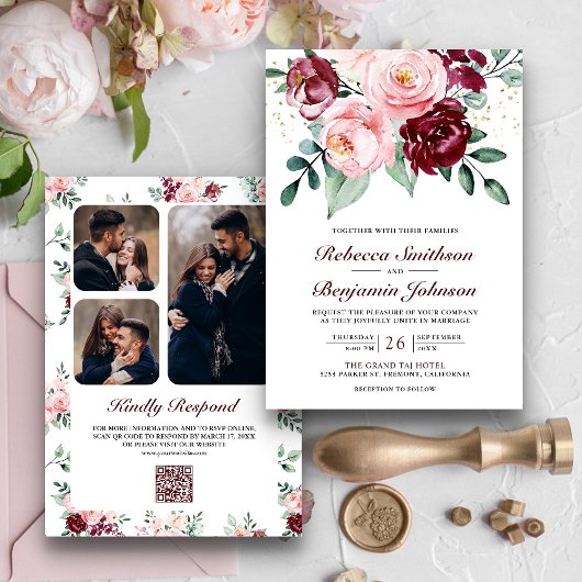 Rustieke Blush Roze Bourgogne Bloemencode met QR C Kaart