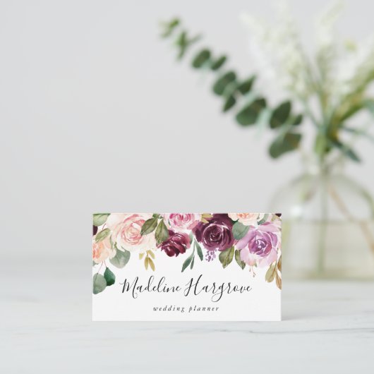 Rustieke Blush Roze Bourgondië en Paarse Bloemen Visitekaartje (Staand voorkant)