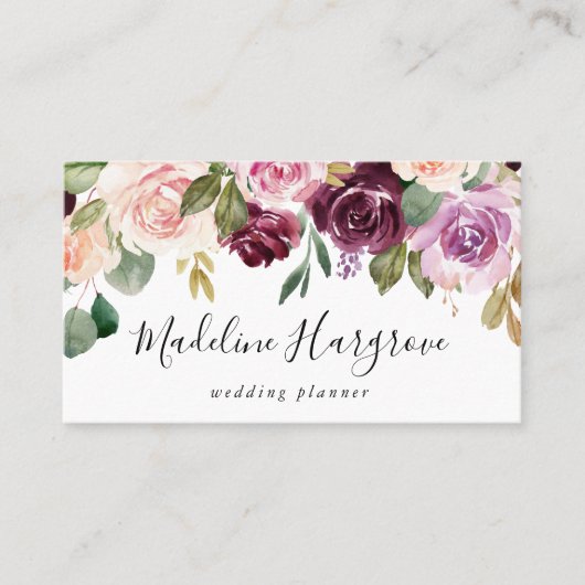 Rustieke Blush Roze Bourgondië en Paarse Bloemen Visitekaartje (Voorkant)