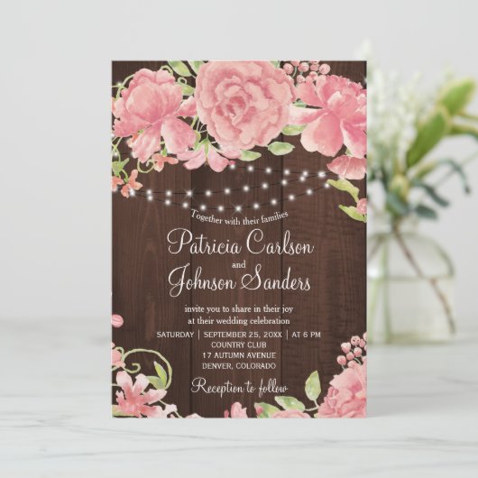 Rustieke blush roze pioenen en lichten op schuur h kaart (Staand voorkant)